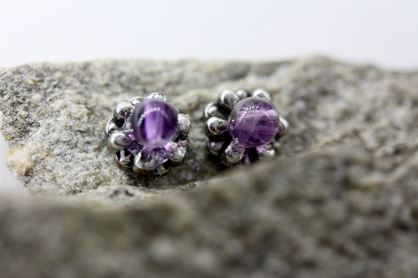 Tiny barely-there purple amethyst in silvertone circle minimalist stud earrings