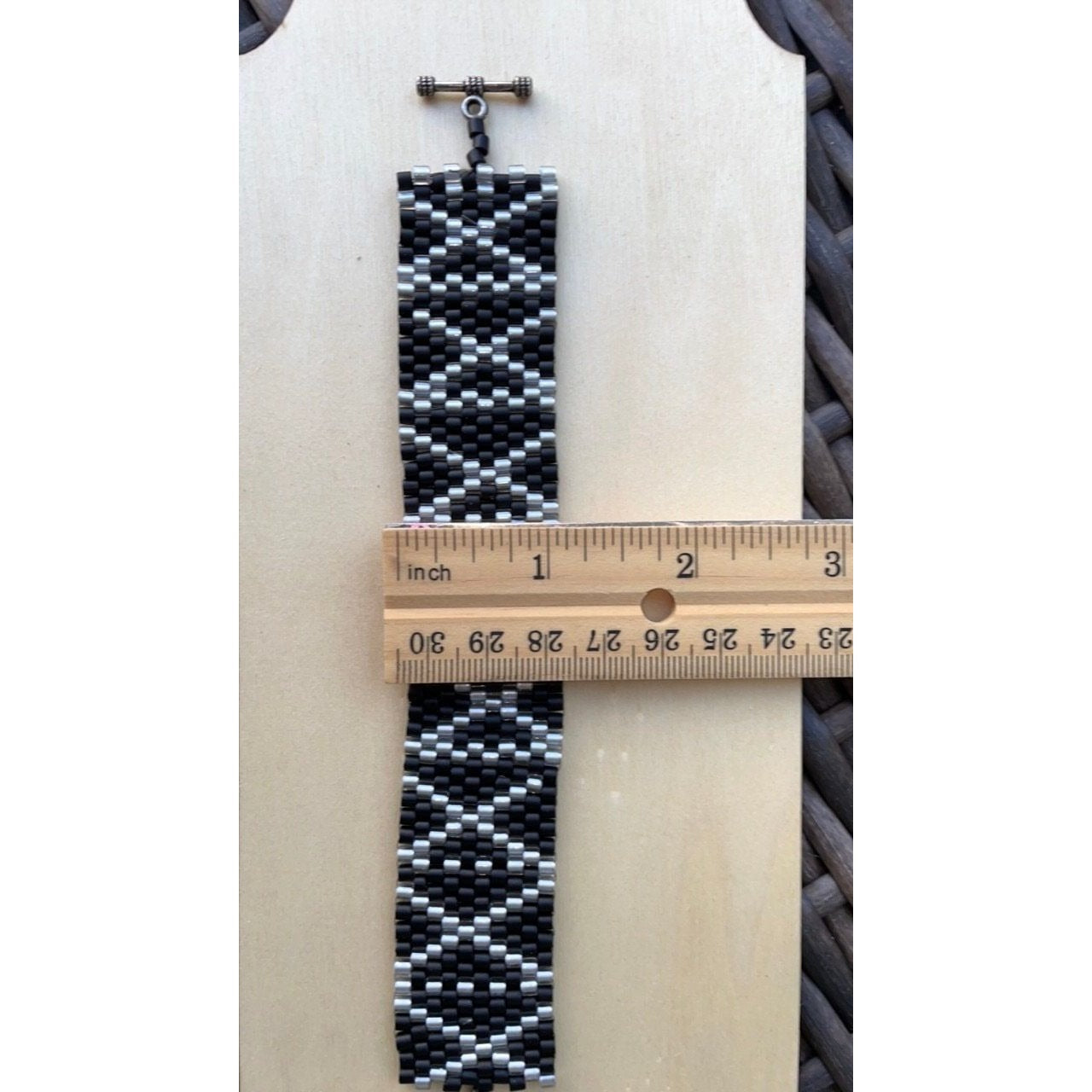 Stunning vintage silver and black hand woven vintage beadwork bracelet