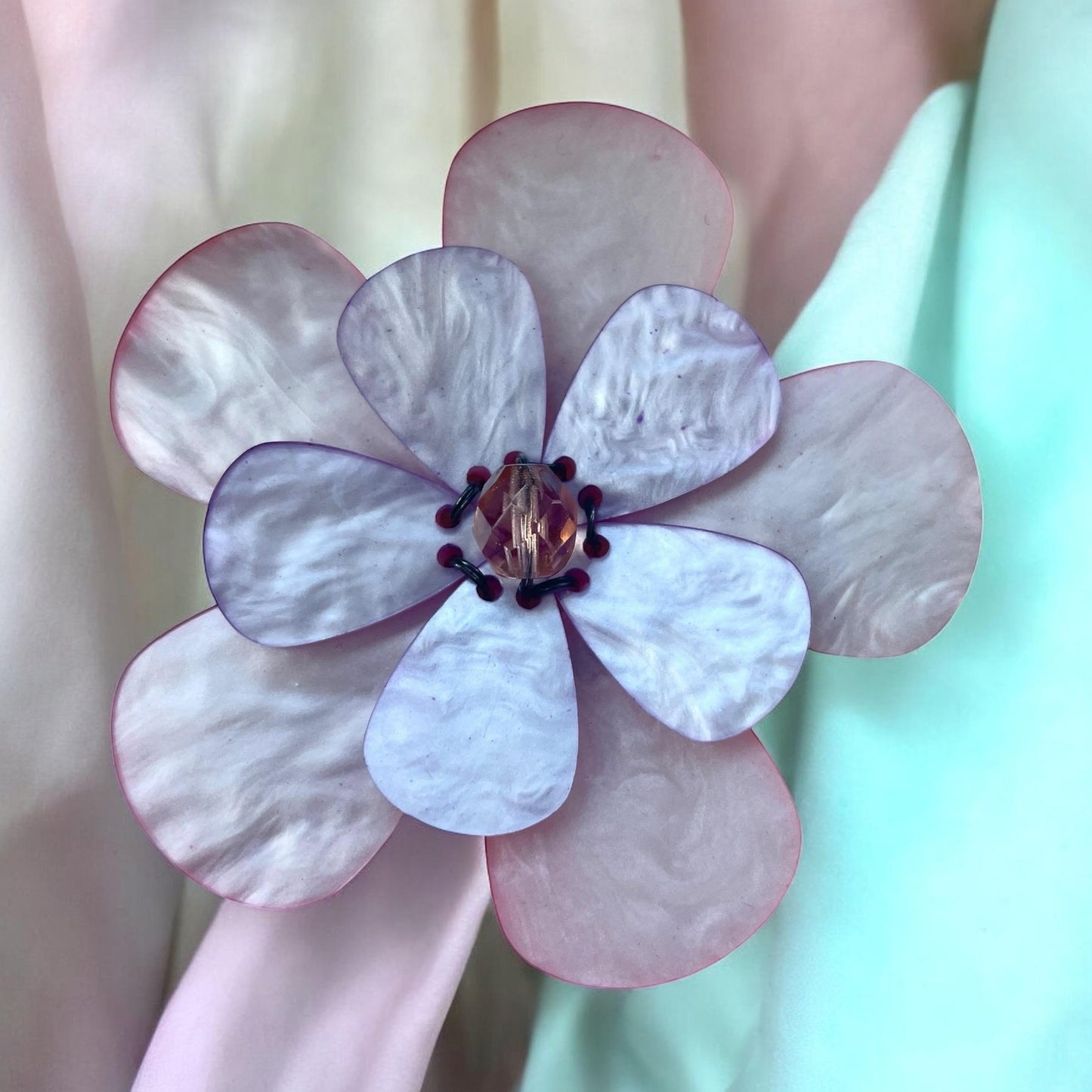 1970s Simulated Mother of Pearl pale pink and lavender Flower Brooch – Dual Petal Layers – Crystal Bead Center – Vintage Floral Pin