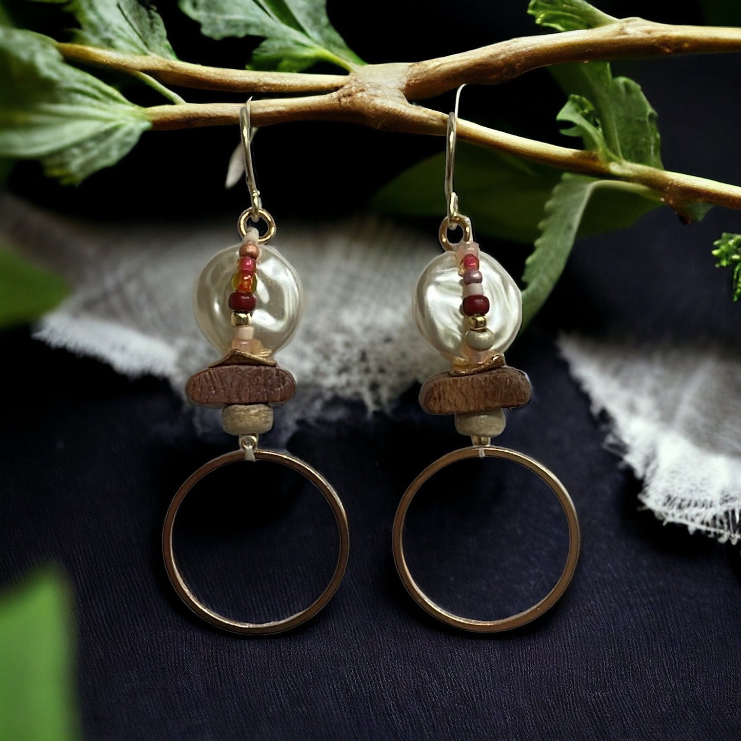 Multi material hoop earrings - layered wood, faux pearl, coral and shades of cream/brown glass seed beads, goldtone metal hoops