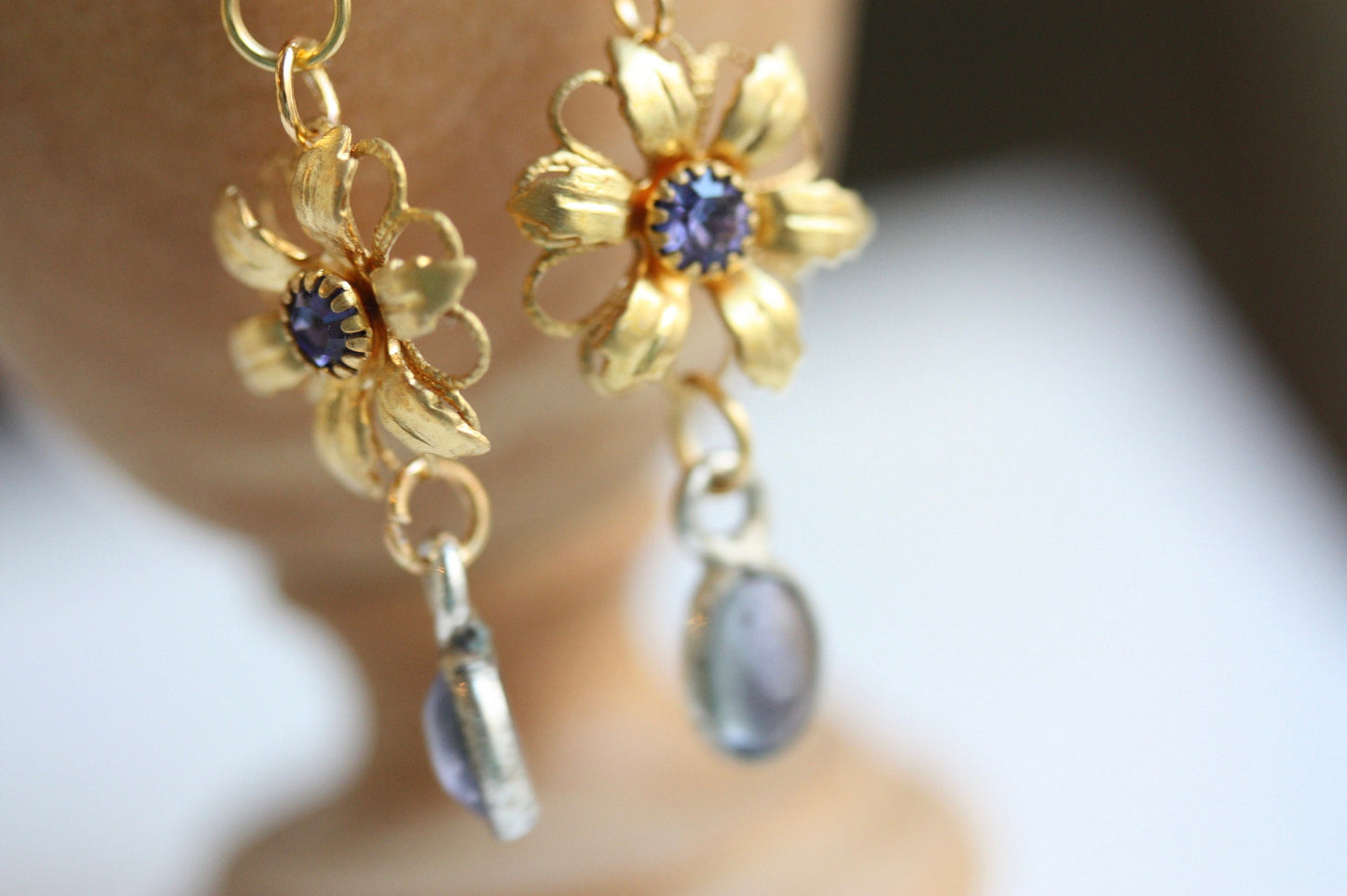 Handmade earrings - made up of vintage & new components - gold flowers with purple rhinestones and purple dangles