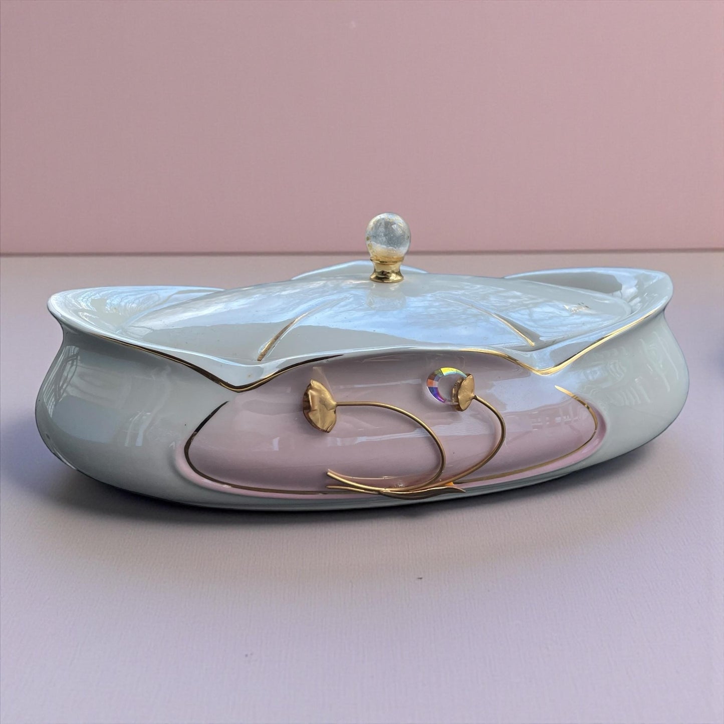 Carpie Sele-Arte Nove Italy Art Pottery Jewelry Box – Glazed Italian Ceramic Trinket Box with Gold & Crystal Accent - Stunning/Rare
