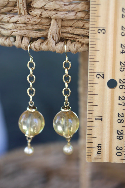Long dangle earrings - gold balls on gold chains with faux pearl drops