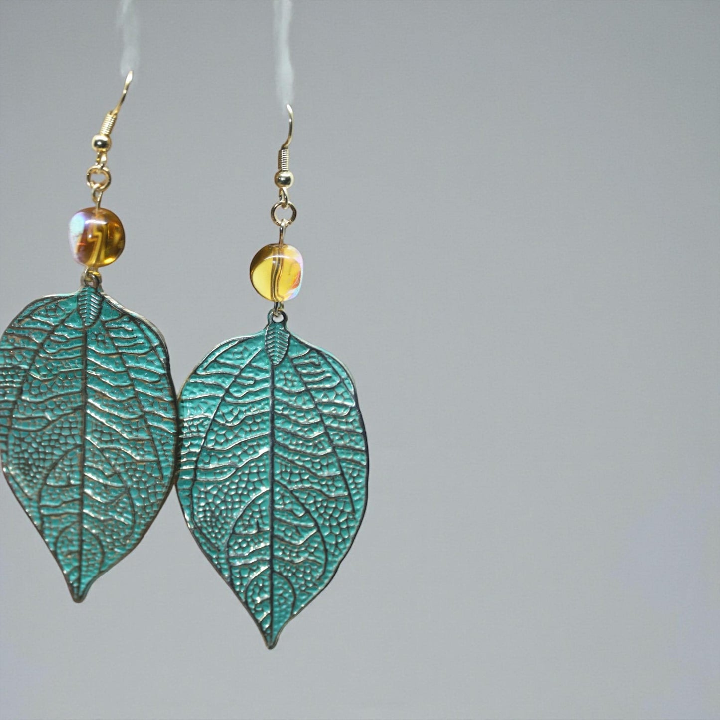 Handmade dangle earrings - Hand painted upcycled vintage leaf earrings with glass beads