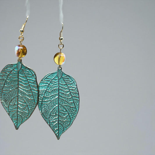 Handmade dangle earrings - Hand painted upcycled vintage leaf earrings with glass beads