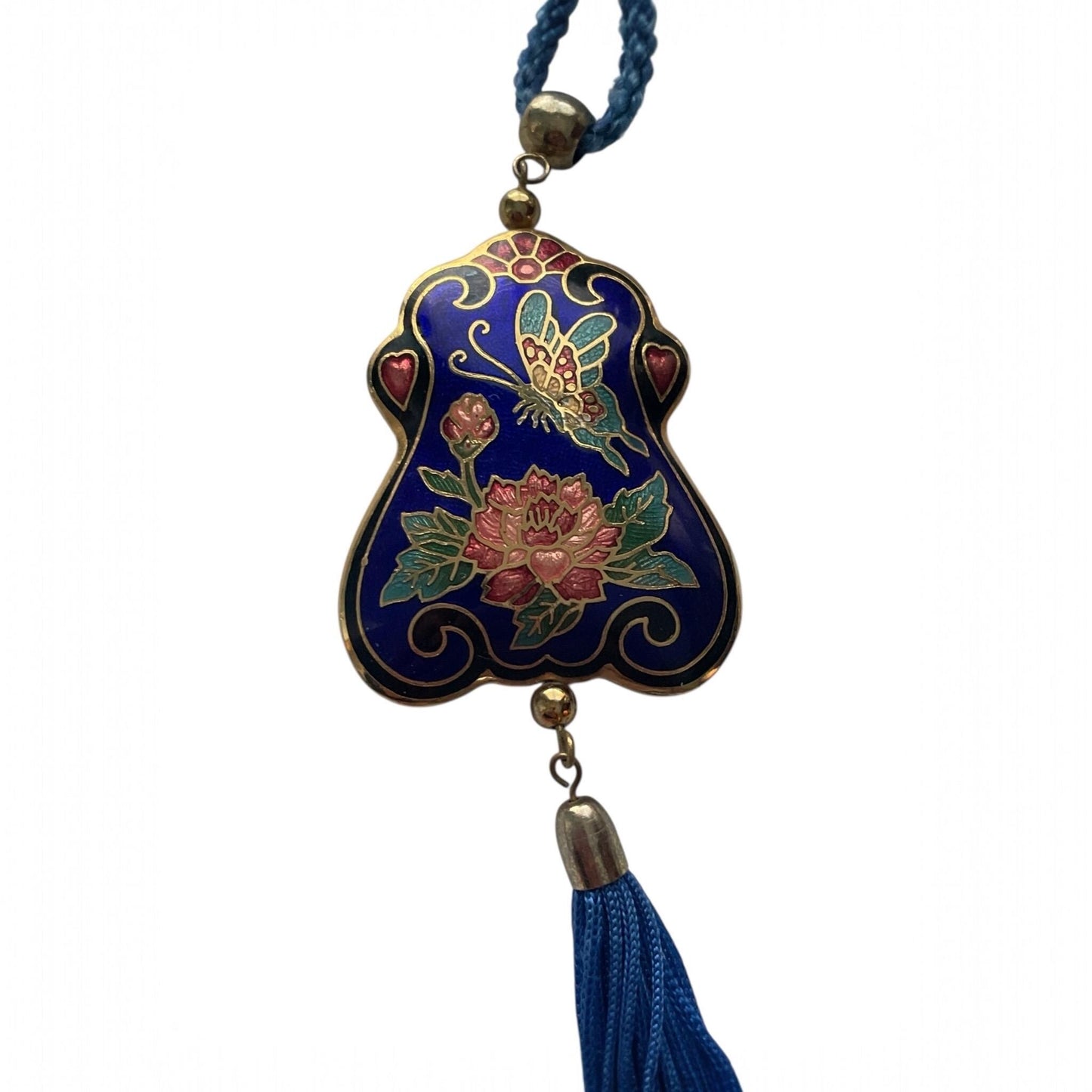 Vintage Cloisonné Floral Tassel Necklace Blue Enamel Asian Pendant