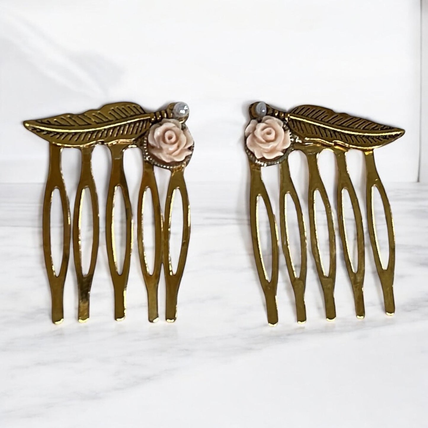Pink Resin Flower & Goldtone Feather Hair Combs – Set of 2 Goldtone Combs, Boho Bridal Hair Accessories, Handmade Hair Clips