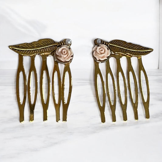 Pink Resin Flower & Goldtone Feather Hair Combs – Set of 2 Goldtone Combs, Boho Bridal Hair Accessories, Handmade Hair Clips