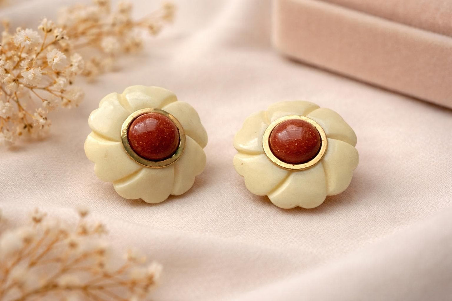 Vintage Carved Ivory-Tone Flower Clip Earrings with Cabochon Center | Retro Statement Earrings