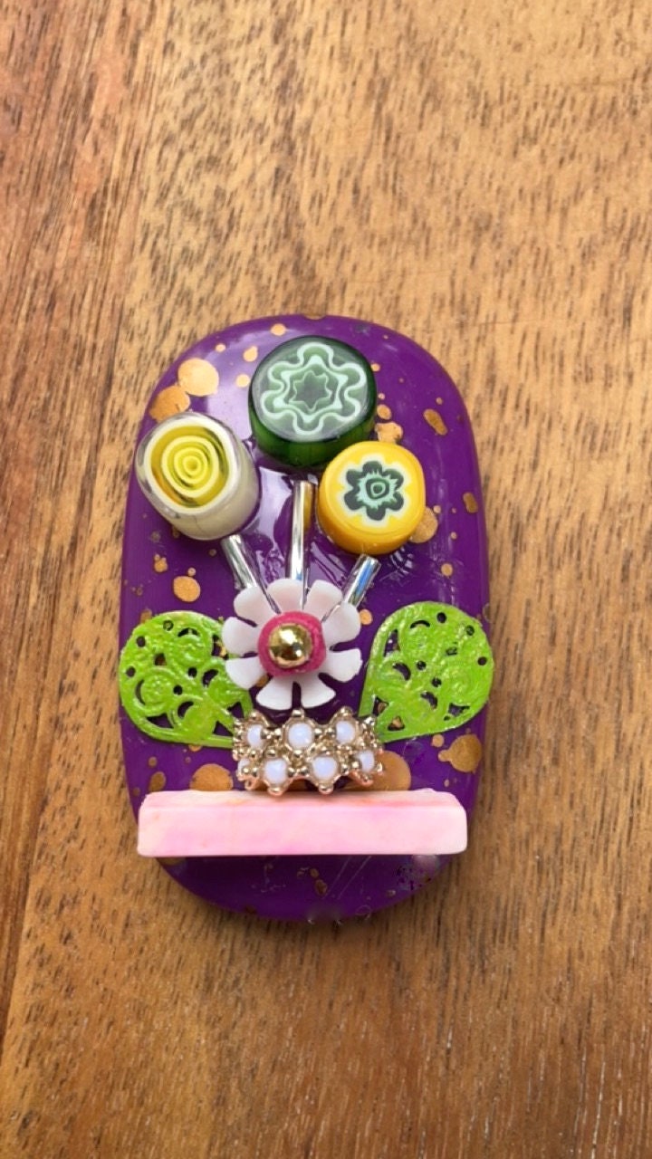 Handmade, one-of-a-kind assemblage art - flower bouquet - can be ordered as a necklace, pin or magnet - with or without words