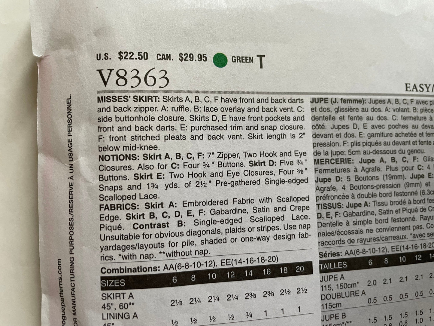 UNCUT Sewing Pattern - Vogue V8363 Skirt, Size EE (14-16-18-20), Plus Size