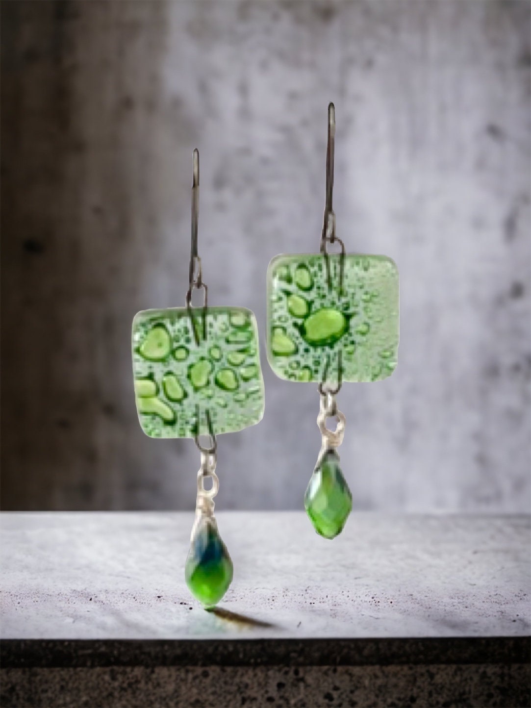 Green blown vintage glass with new faceted green crystal dangle earrings