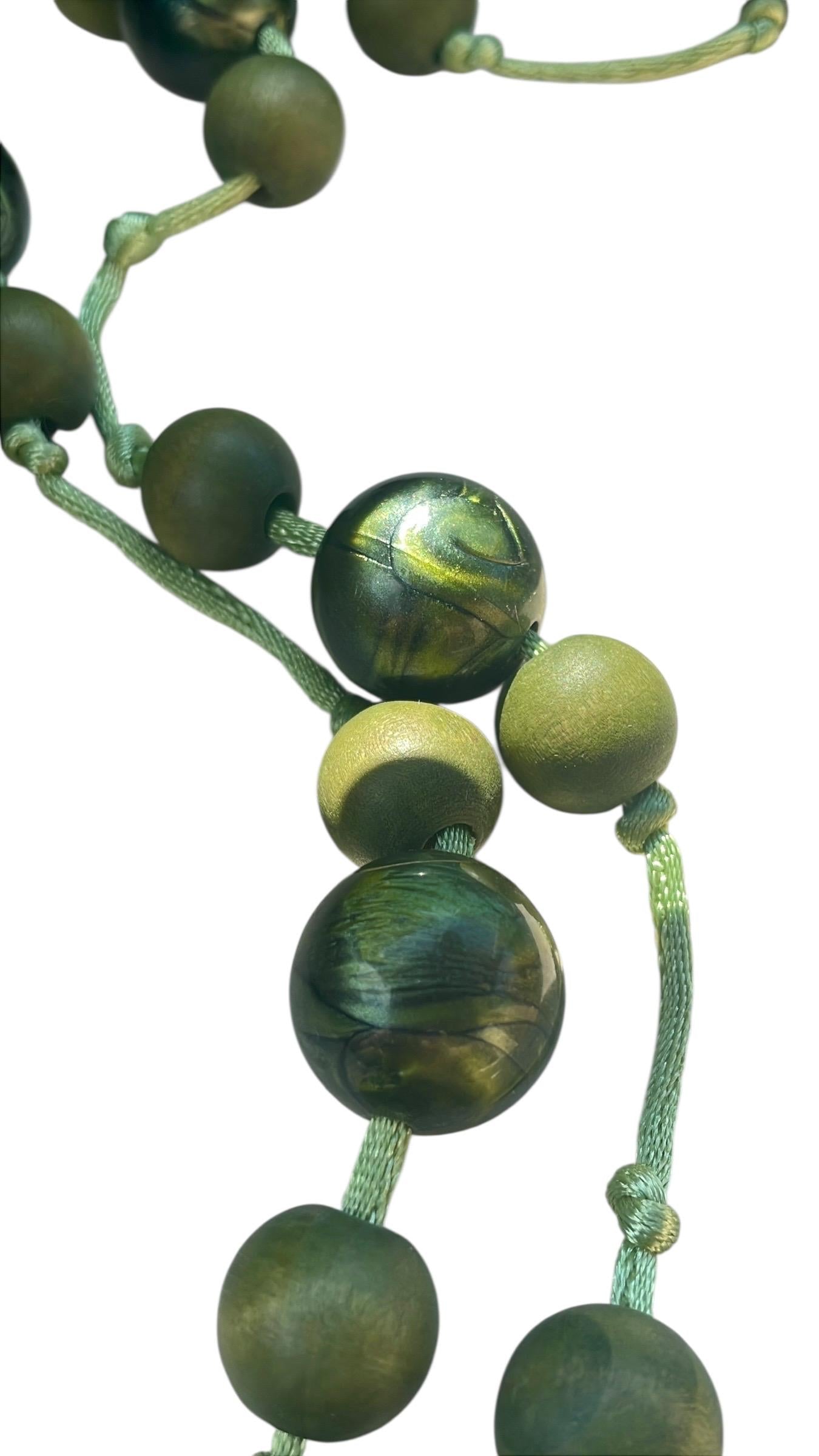 Vintage 33" Green Beaded Necklace – Wood & Plastic Beads – Retro Statement Jewelry – Earthy Boho Chunky Necklace