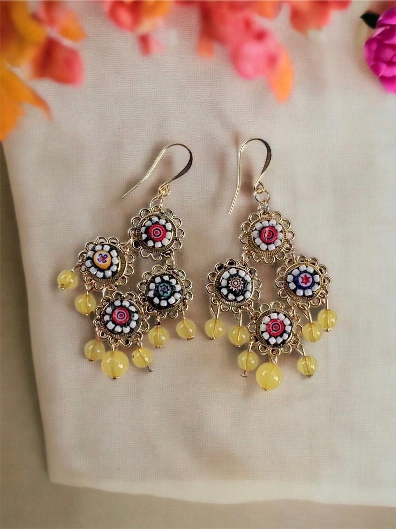 Handmade Italian millefiori mosaic dangle earrings with beads