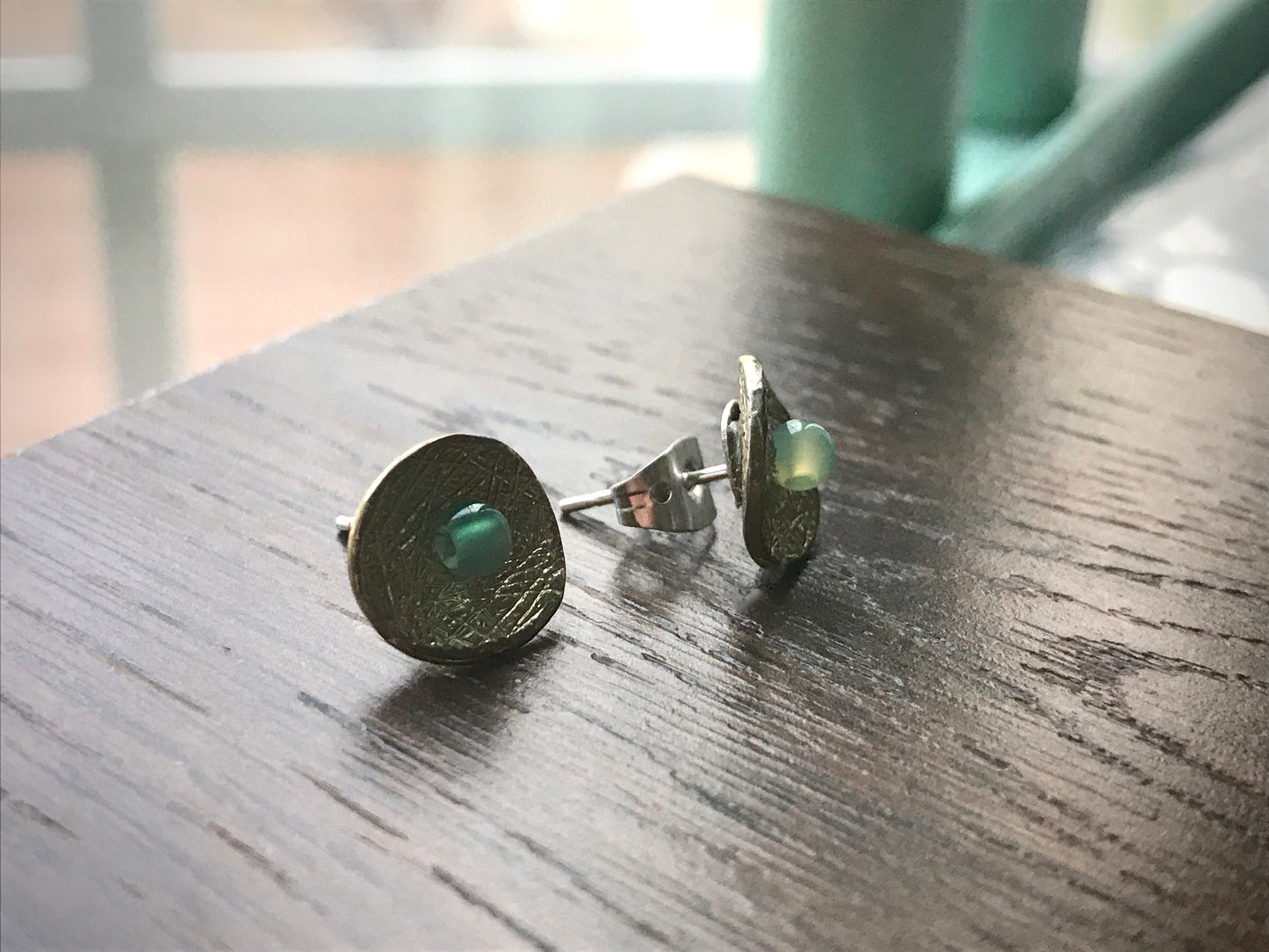 Etched metal with turquoise center little stud earrings