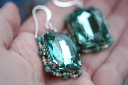 Vintage turquoise faceted crystal dangle earrings with original handmade beadwork