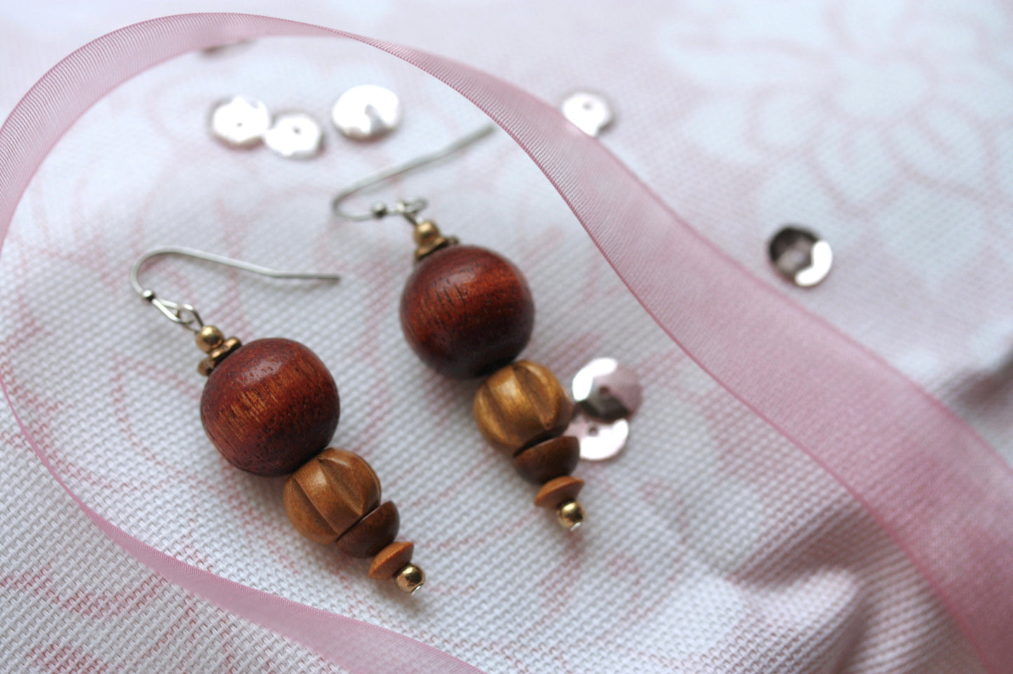 Handmade dangle earrings made with vintage wooden beads
