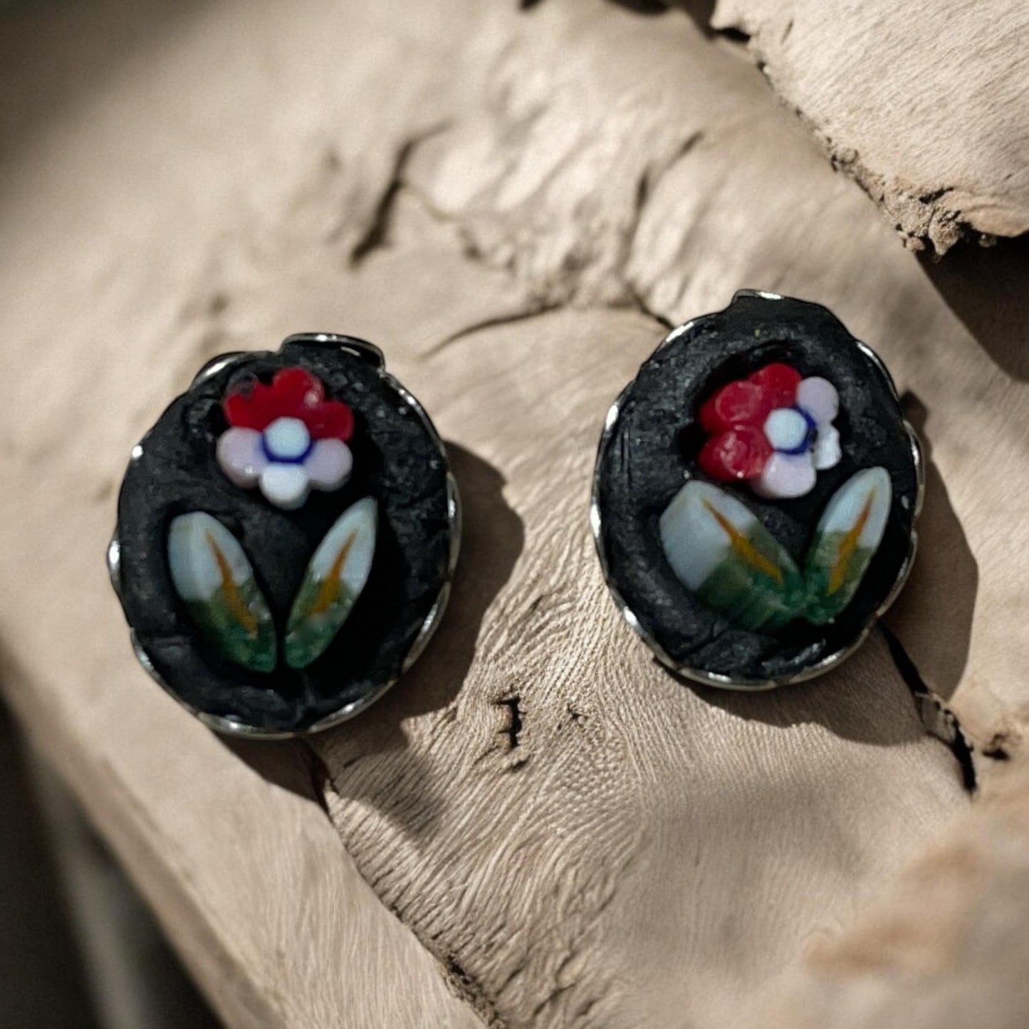Italian Micro Mosaic Stud Earrings, Glass Flower Design (Sterling Silver)