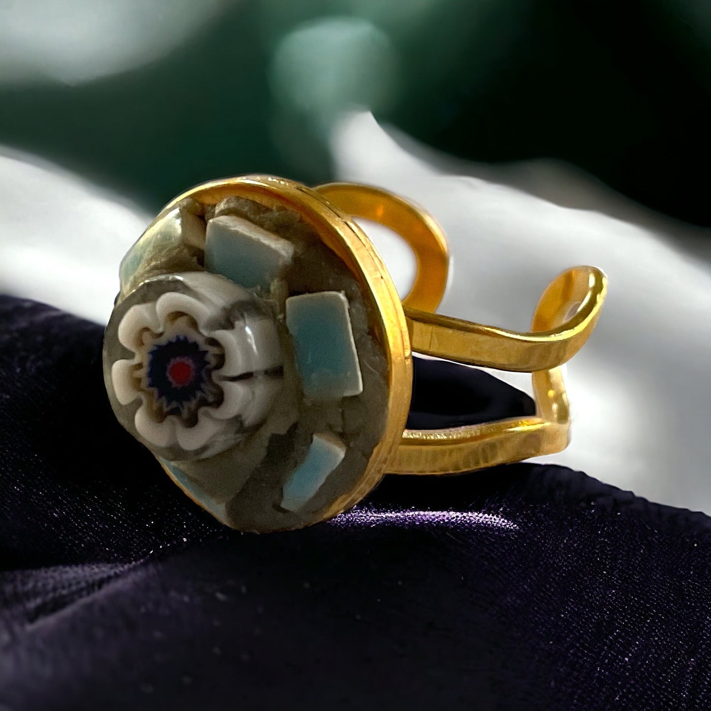 Handmade micro mosaic adjustable ring - hand cut glass millefiori