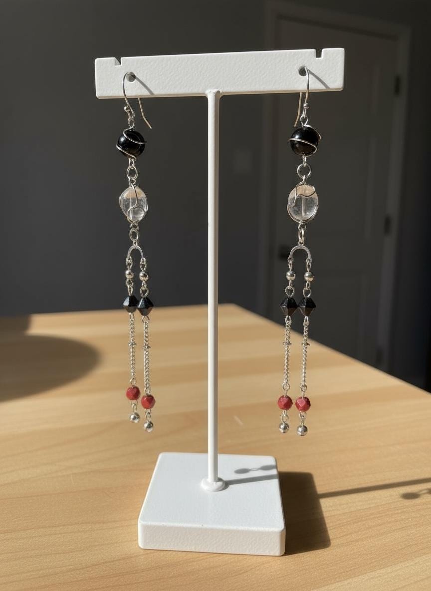 Handmade 5" Long Beaded Dangle Earrings – Black, Clear & Red Beads on Silver Tone Chains – Long Boho Statement Earrings
