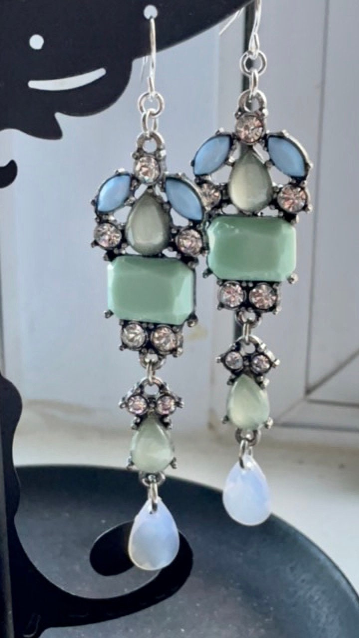 One-of-a-kind handmade mixed material long dangle earrings - vintage and new materials