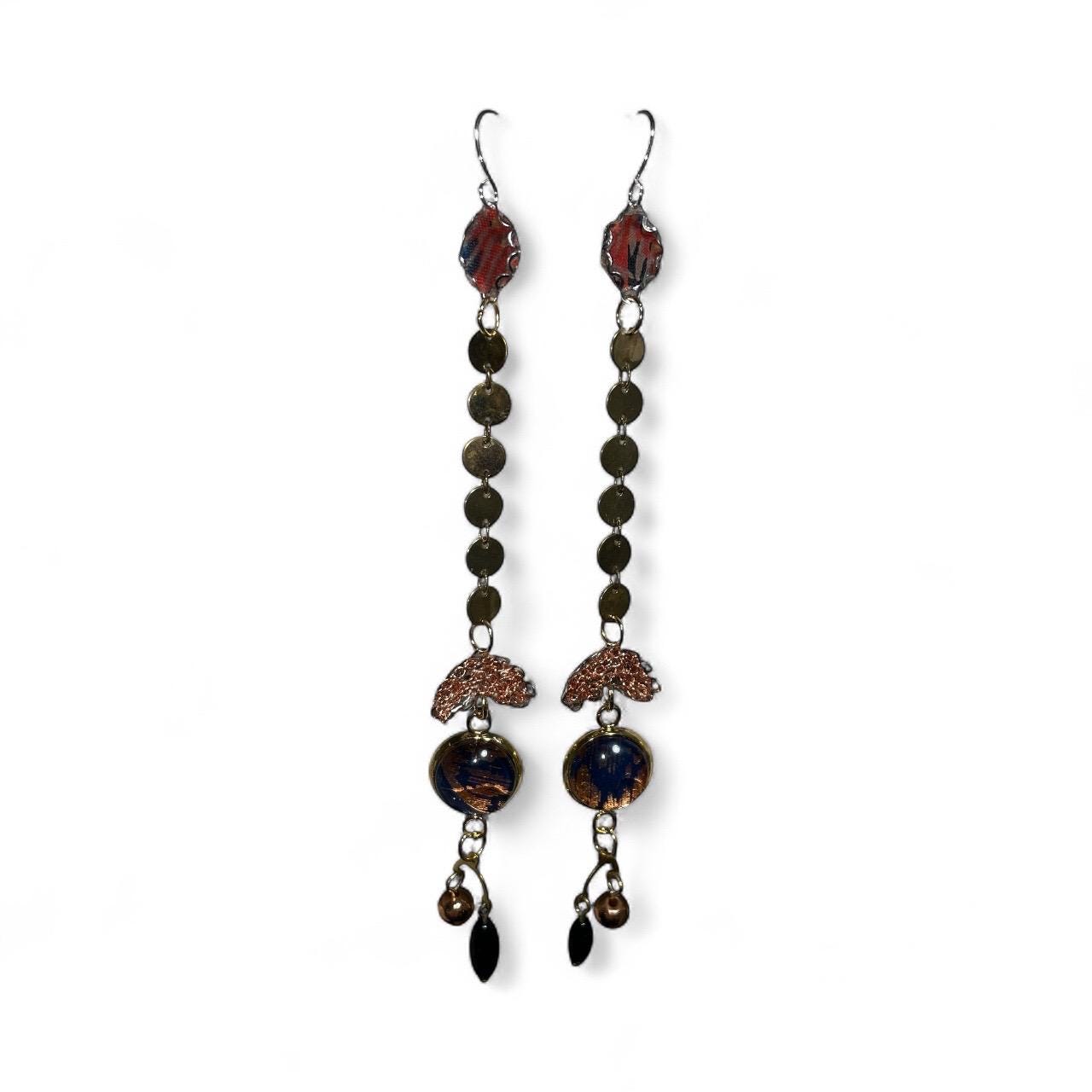 Handmade Long Boho Dangle Earrings – Mixed Metal & Fabric Statement Earrings, Artistic Drop Jewelry with Beads, Modern Design - "Red Sky"