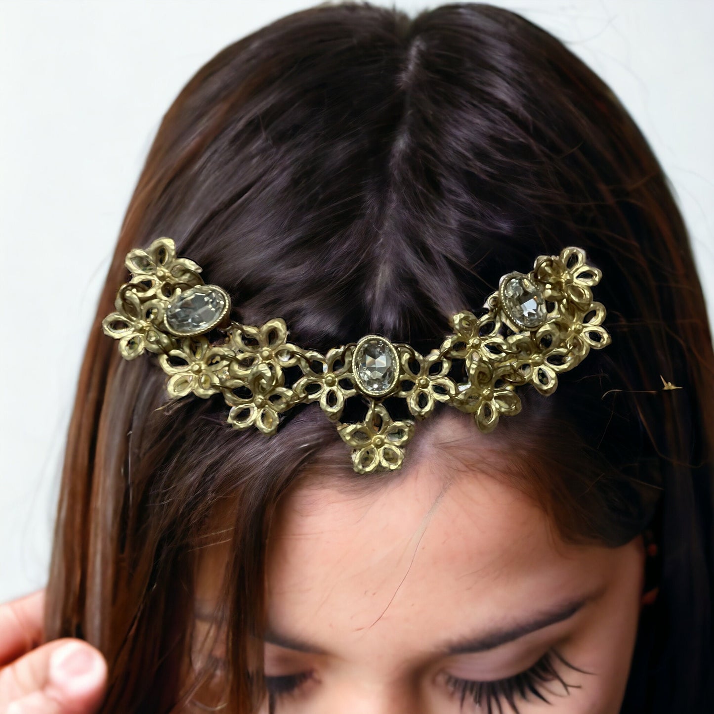 Mixed material upcycled hair accessory - hair clip - gold metal flowers and rhinestones