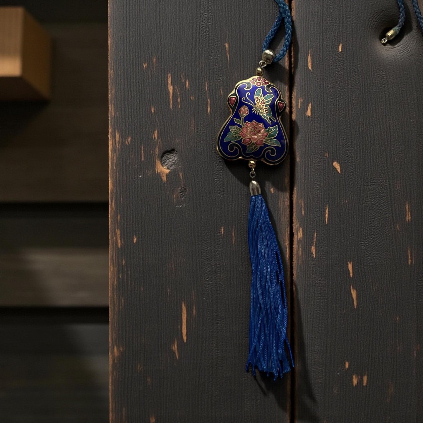 Vintage Cloisonné Floral Tassel Necklace Blue Enamel Asian Pendant