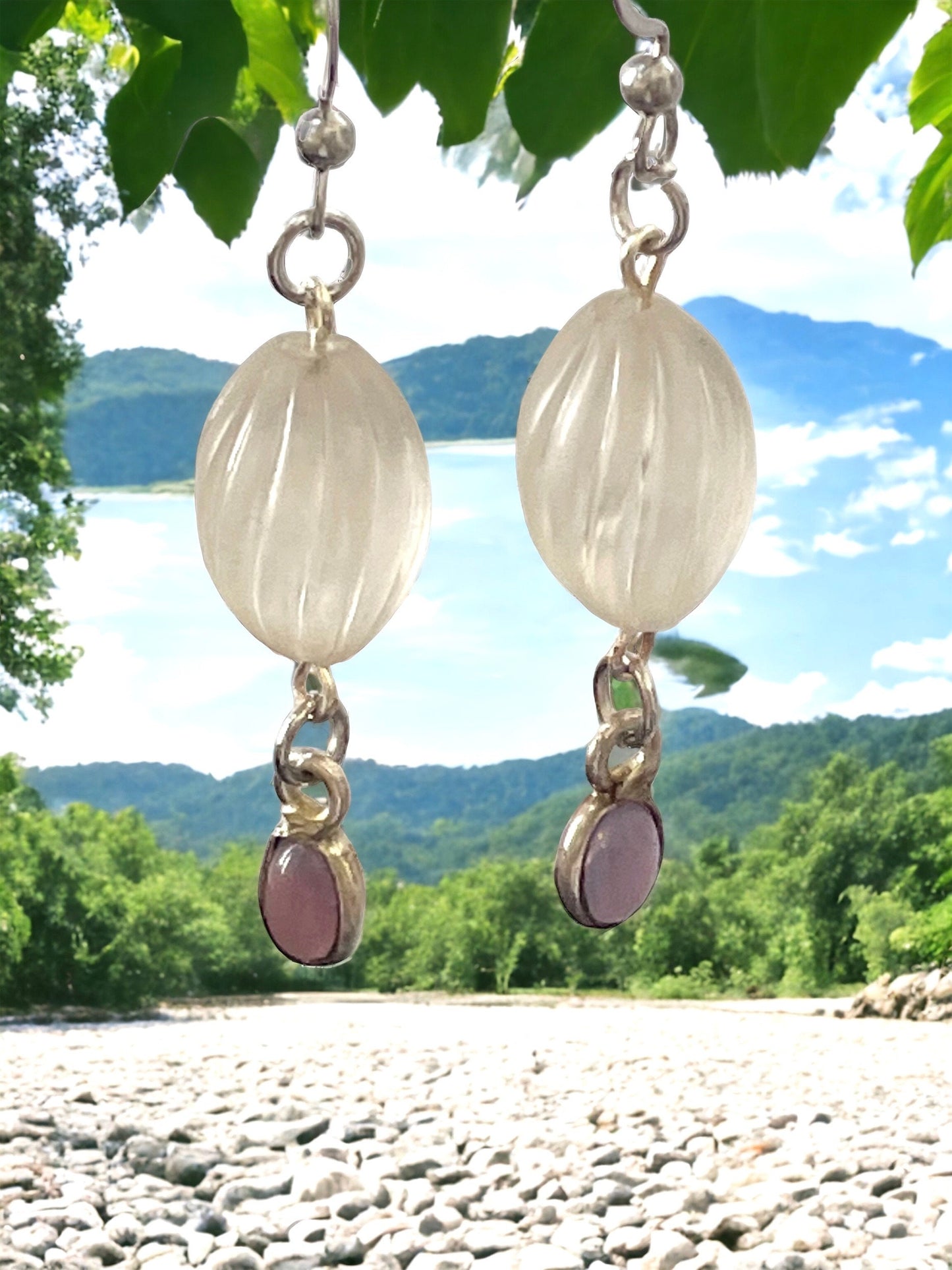 Long dangle earrings made of both new and vintage components - swirled frosted white with lavender dangles