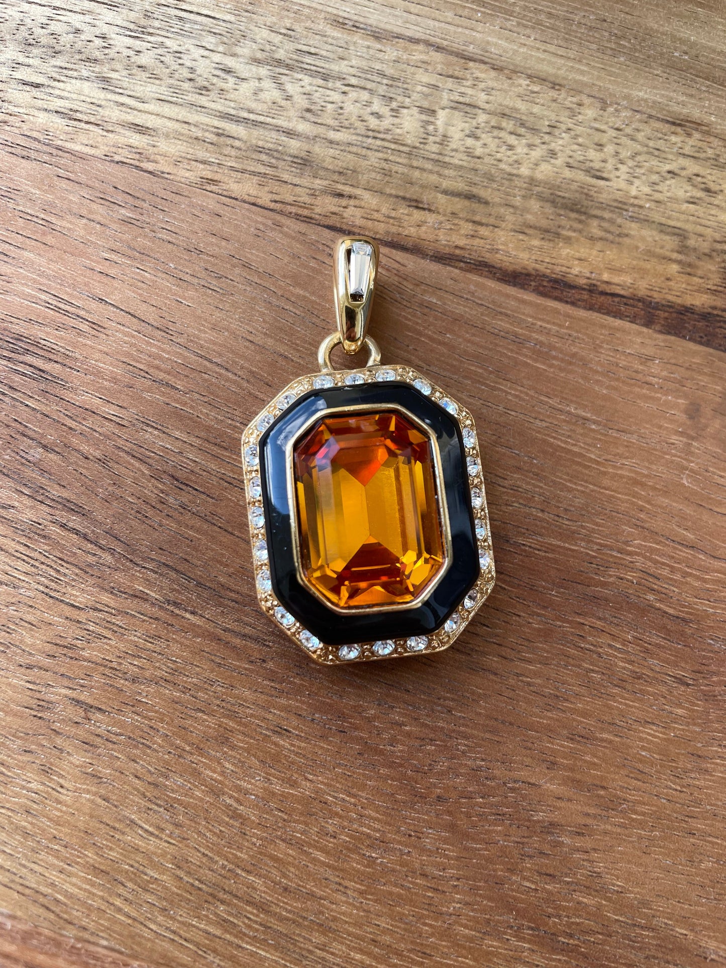 Vintage Runway Couture art deco style Black Enamel & Crystal rare signed Trifari necklace pendant