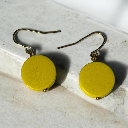 Handmade wooden dangle earrings - simple yellow drop earrings - lightweight, easy to wear, wood earrings, yellow earrings