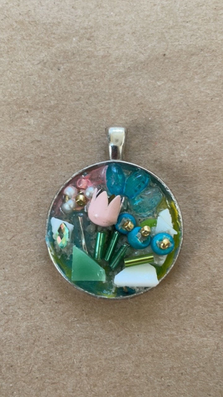 Flower garden necklace pendant - Mixed Material art collage, Mosaic, Assemblage art, sculpture