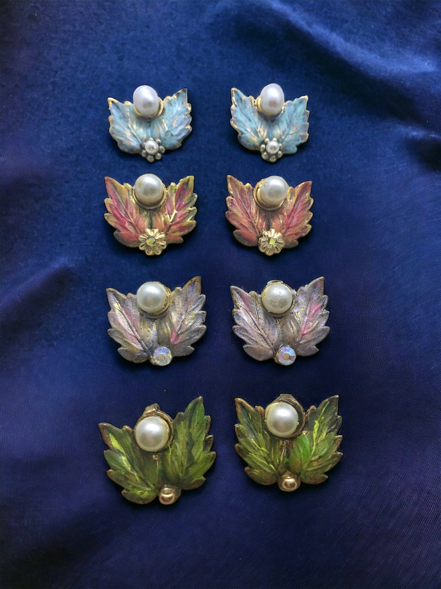 Revised, Modernized, upcycled repurposed - hand painted vintage earrings, trimmed with pearls, faux pearls, Swarovski cyrstals, rhinestones
