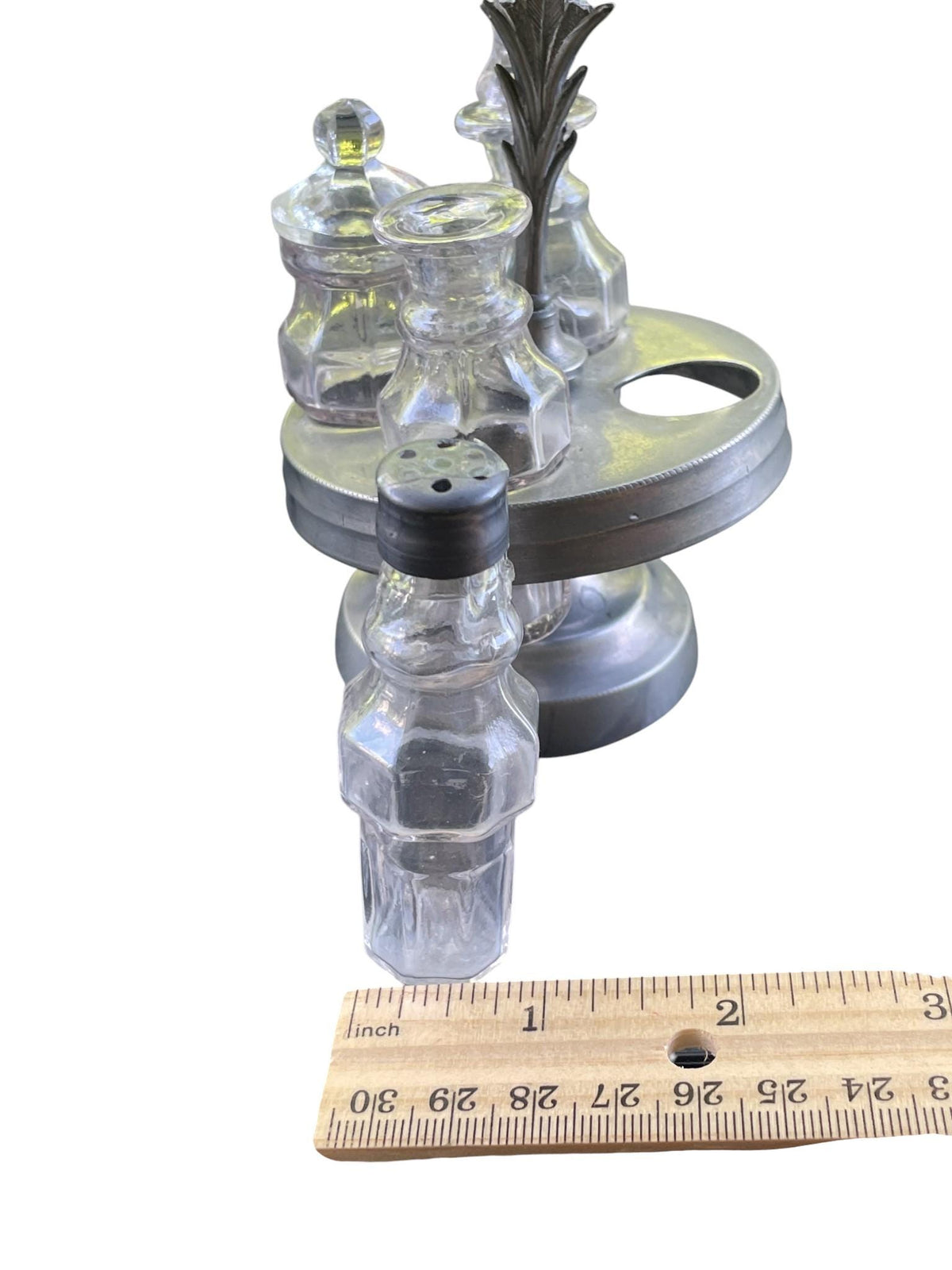 Vintage Glass Cruet Set with Metal Carousel Stand | 4 Piece Condiment Set | Salt Pepper Oil Vinegar Tableware