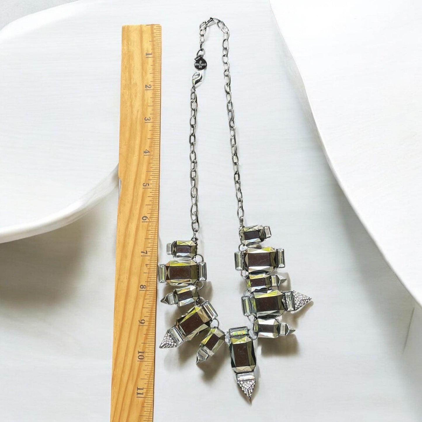 RJ Graziano Statement Necklace, Gunmetal Crystal Bib Necklace with pave rhinestones, Art Deco style Chunky Silver Jewelry, Geometric Glam