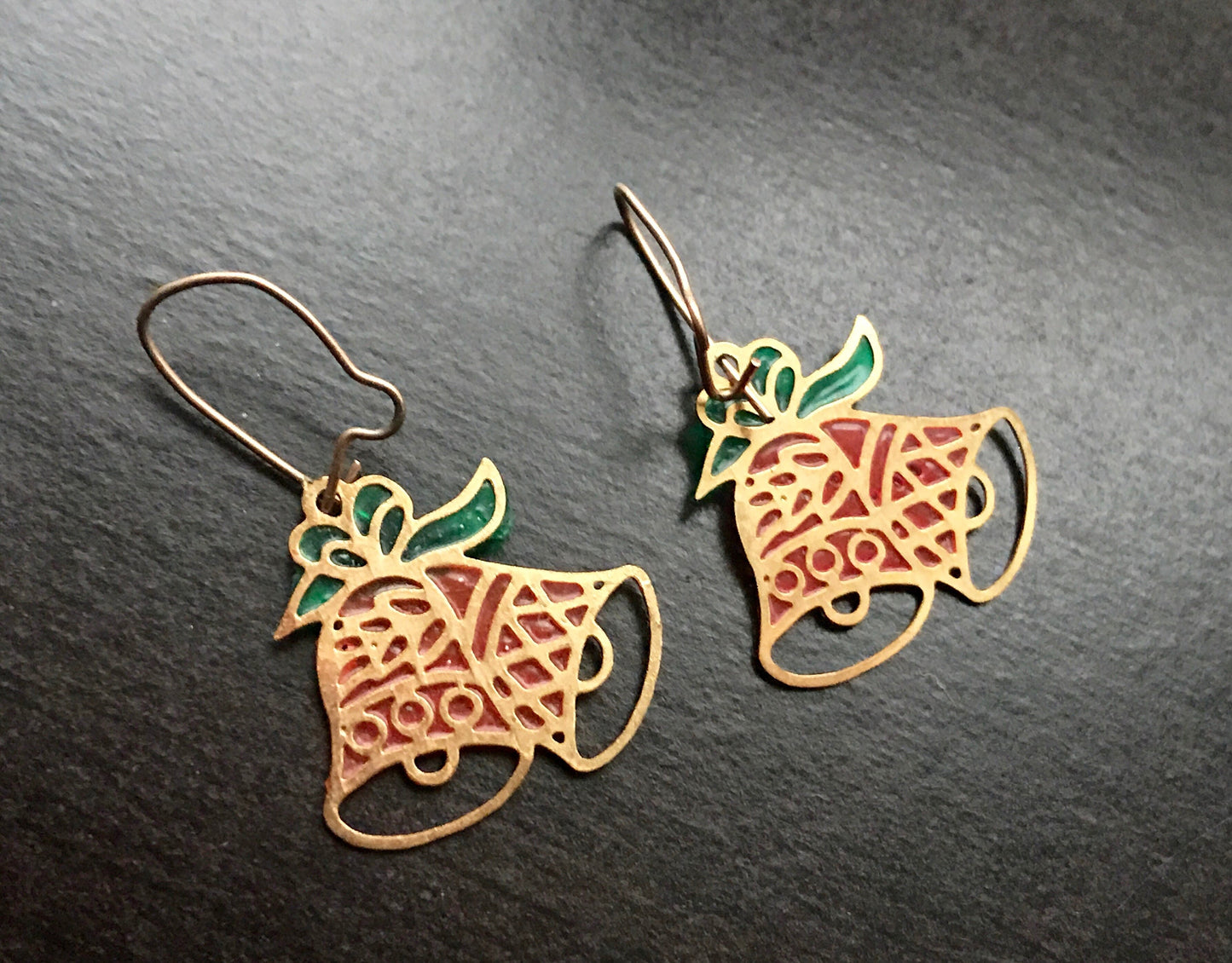 Unique vintage laser-cut metal jingle bell earrings - look like stained glass