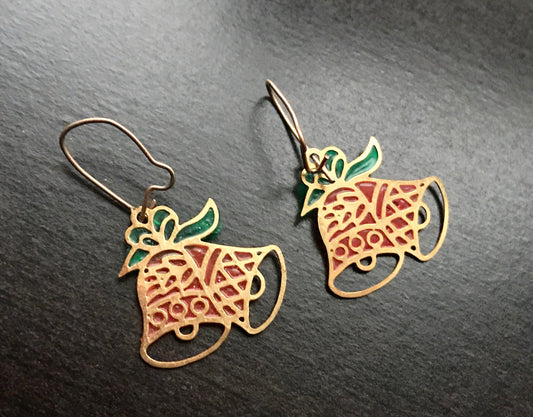 Unique vintage laser-cut metal jingle bell earrings - look like stained glass