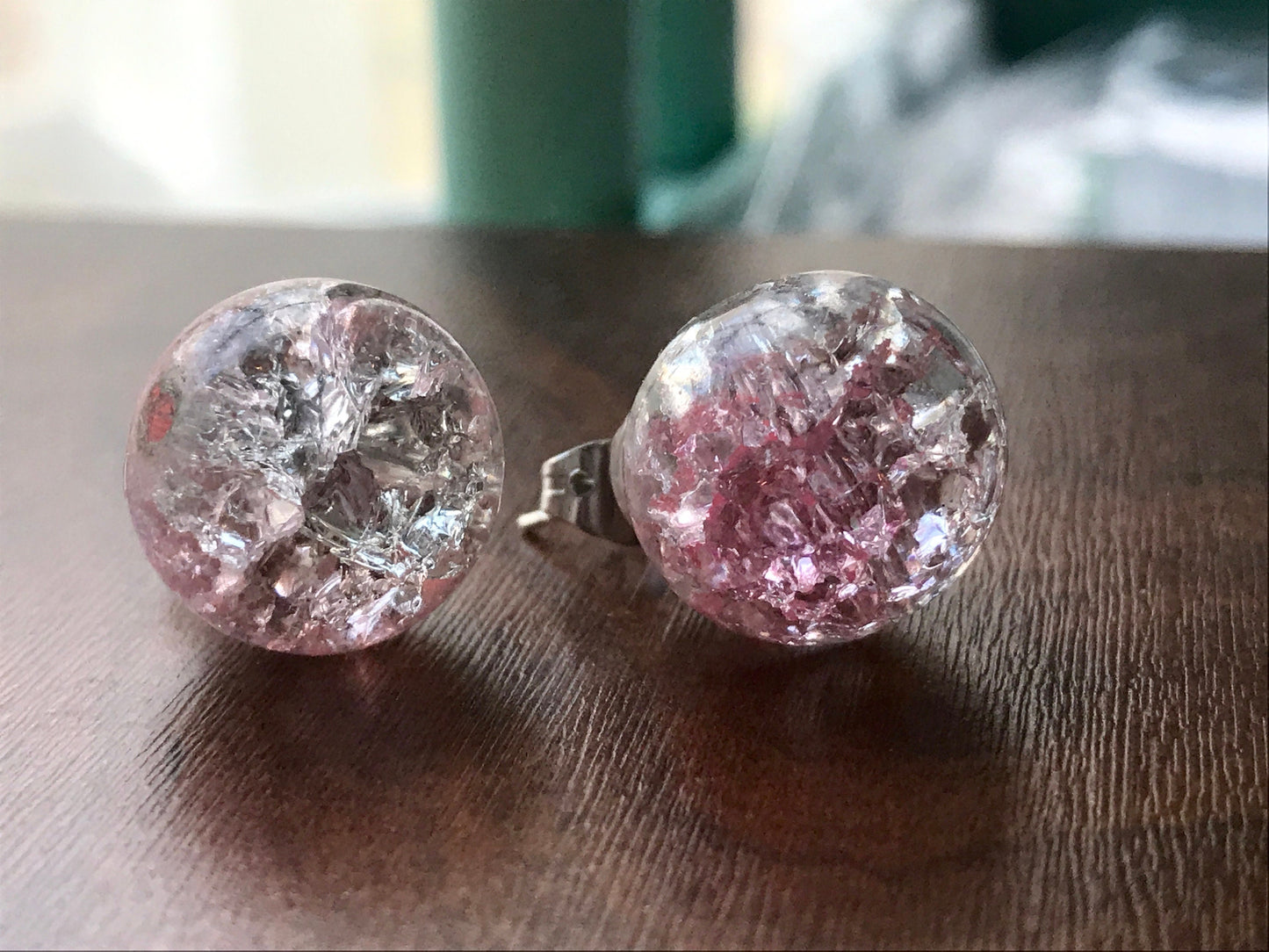Pink shades of crackle glass upcycled vintage stud earrings