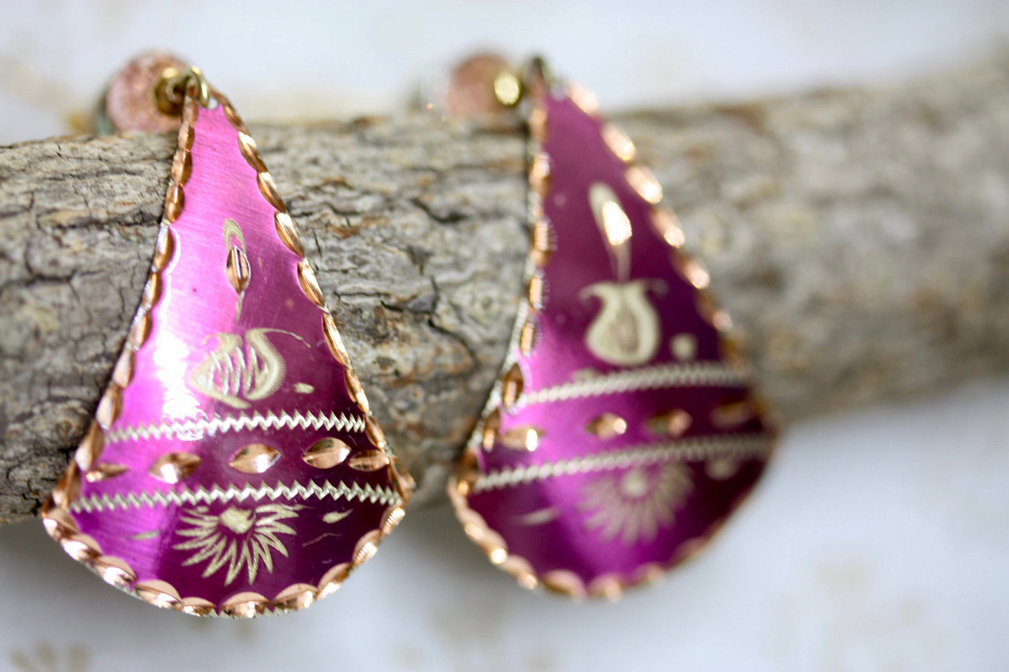 Upcycled pink etched copper dangles with new crystals and beadwork