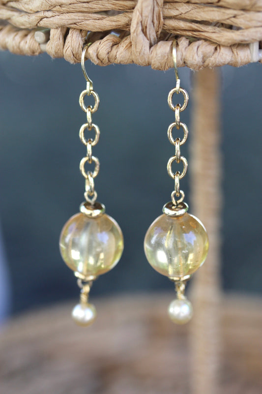 Long dangle earrings - gold balls on gold chains with faux pearl drops