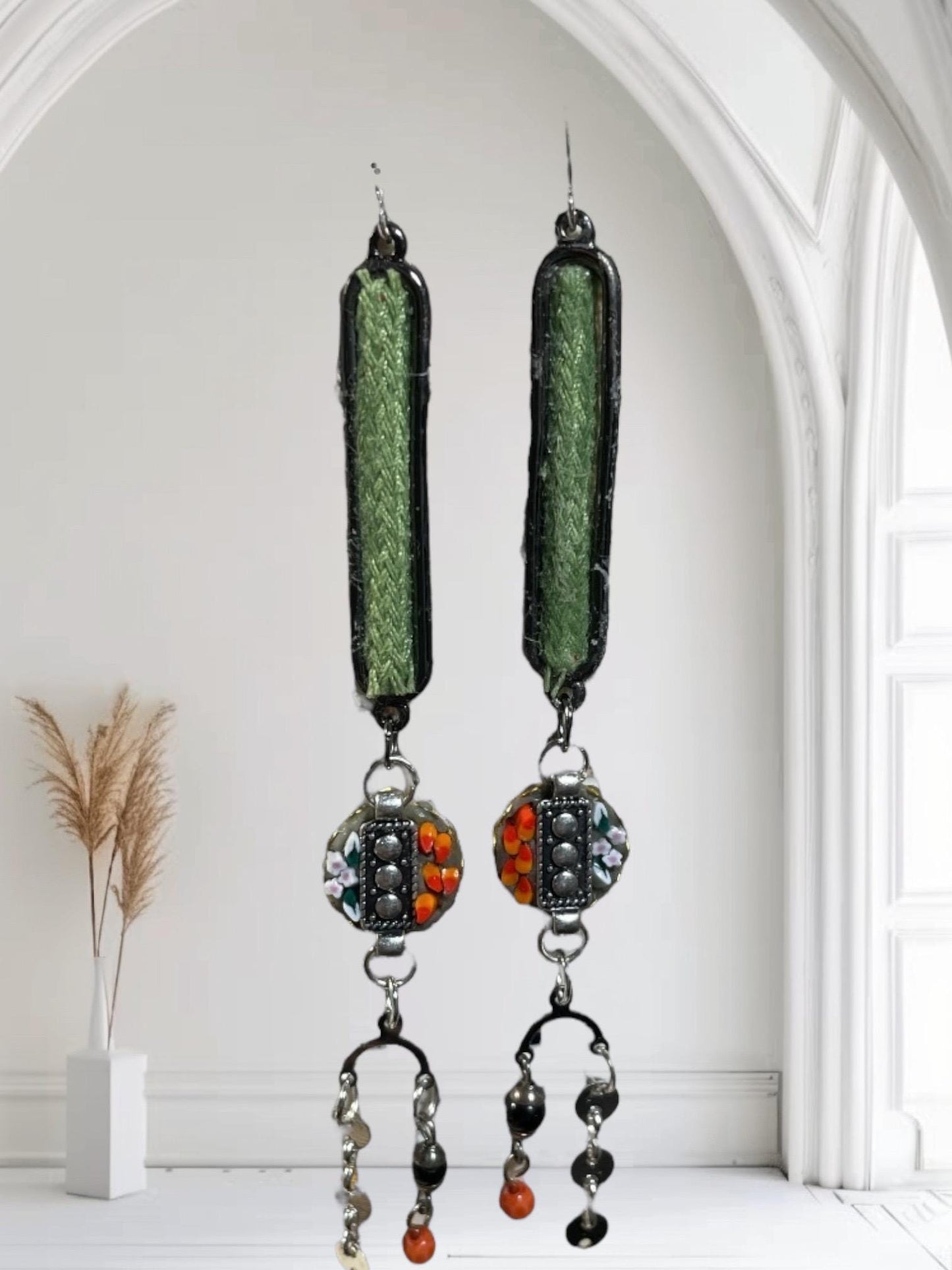 Handcrafted Boho Mosaic Dangle Earrings –Green Woven Fabric & Beaded Drop Earrings, Artisan Statement Jewelry, Colorful Mixed Media Earrings