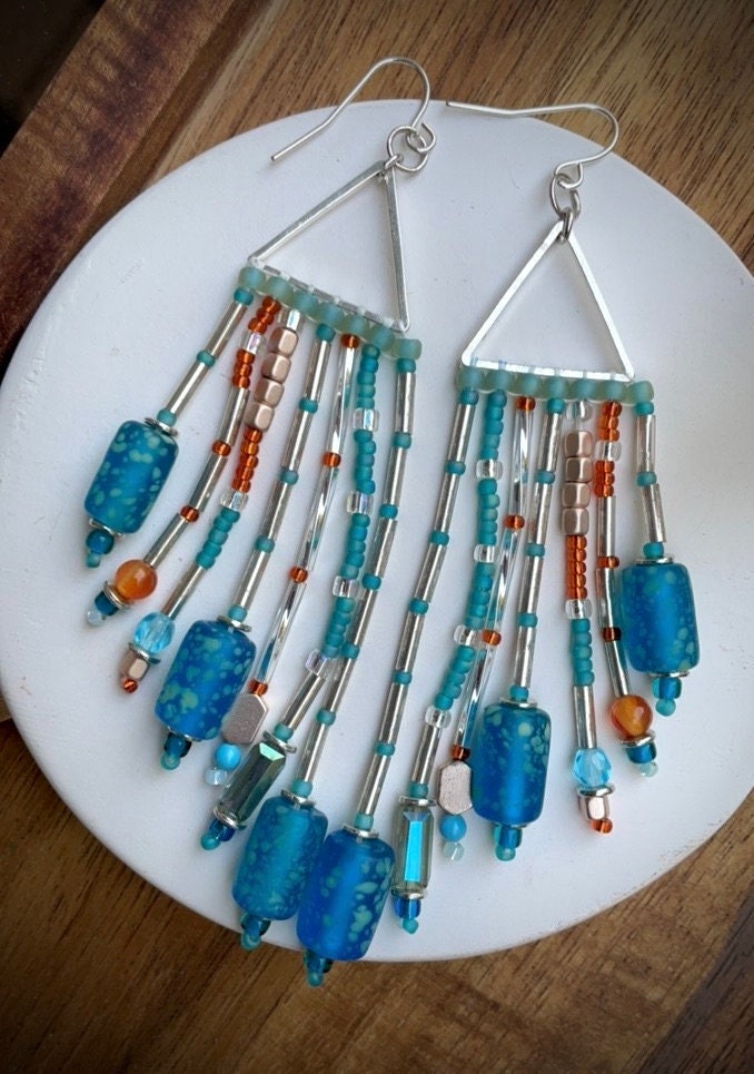Hand beaded stunning dangle mixed material long statement beadwork earrings - art glass, crystal, metal, semi precious stone, seed beads