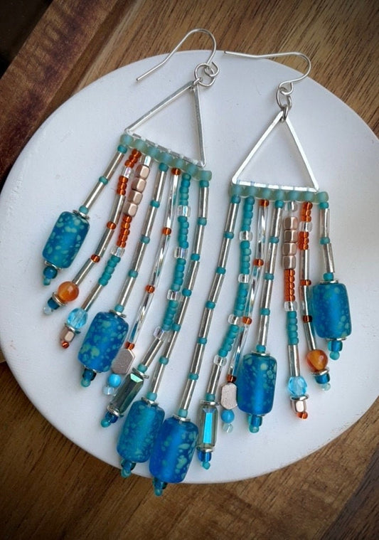 Hand beaded stunning dangle mixed material long statement beadwork earrings - art glass, crystal, metal, semi precious stone, seed beads