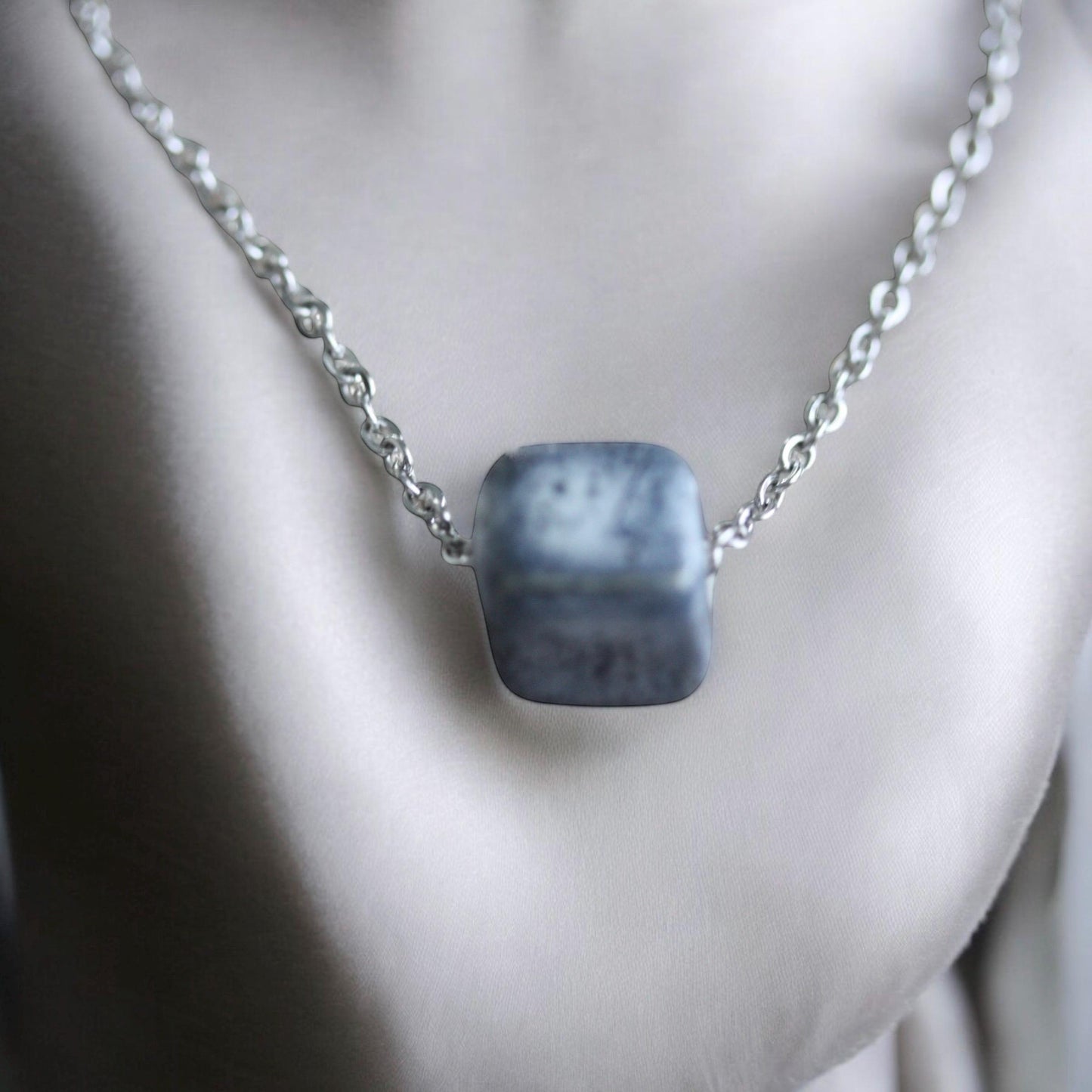 Speckled blue clay pottery cube minimalist necklace on silver tone chain