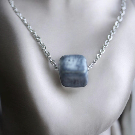Speckled blue clay pottery cube minimalist necklace on silver tone chain