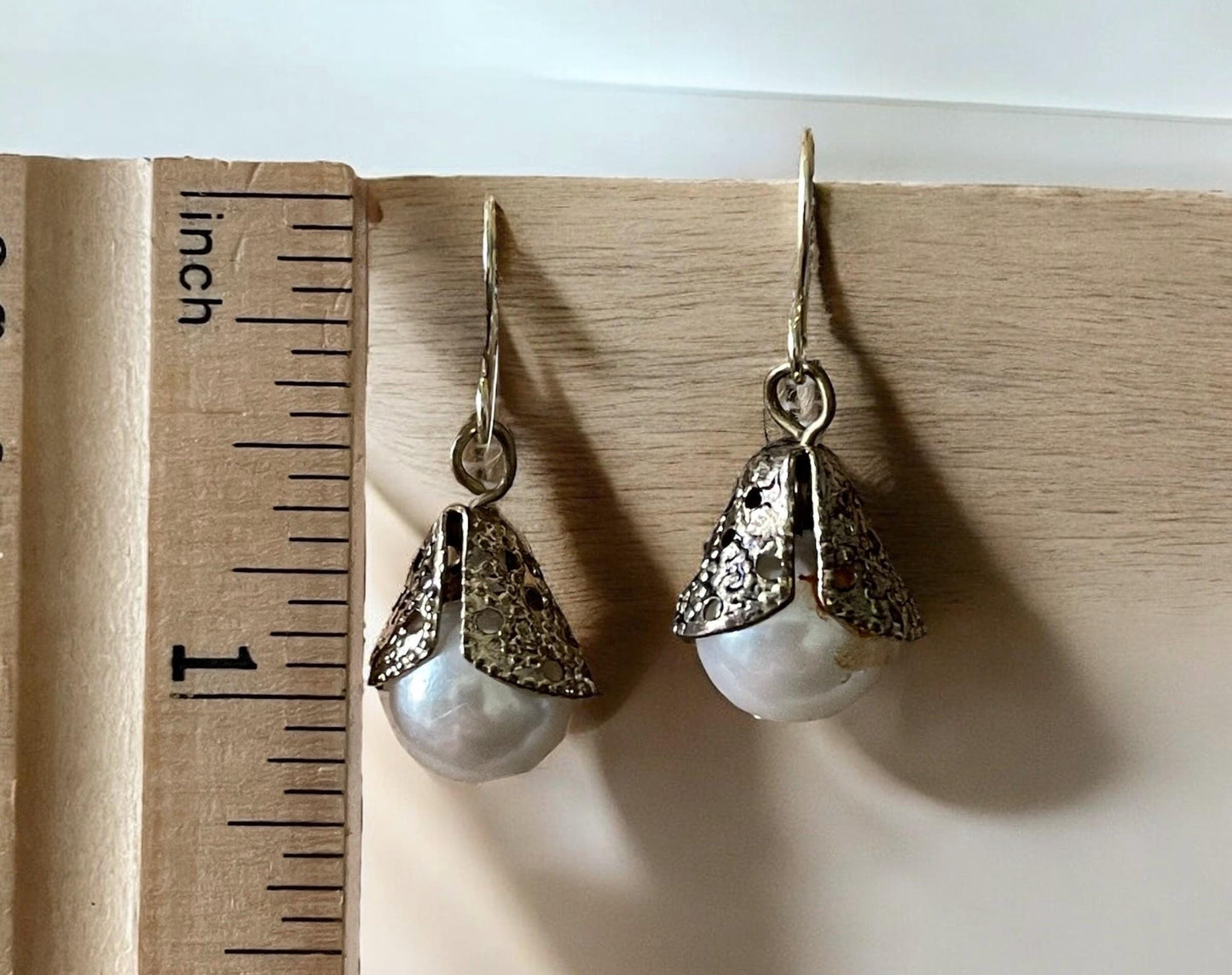 Gold filigree wrapped faux pearl dangle earrings