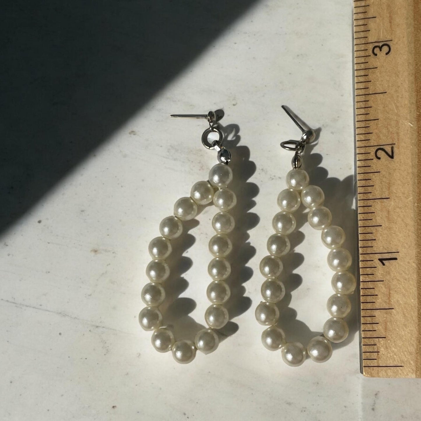 Two inch long creamy faux pearl vintage dangle earrings