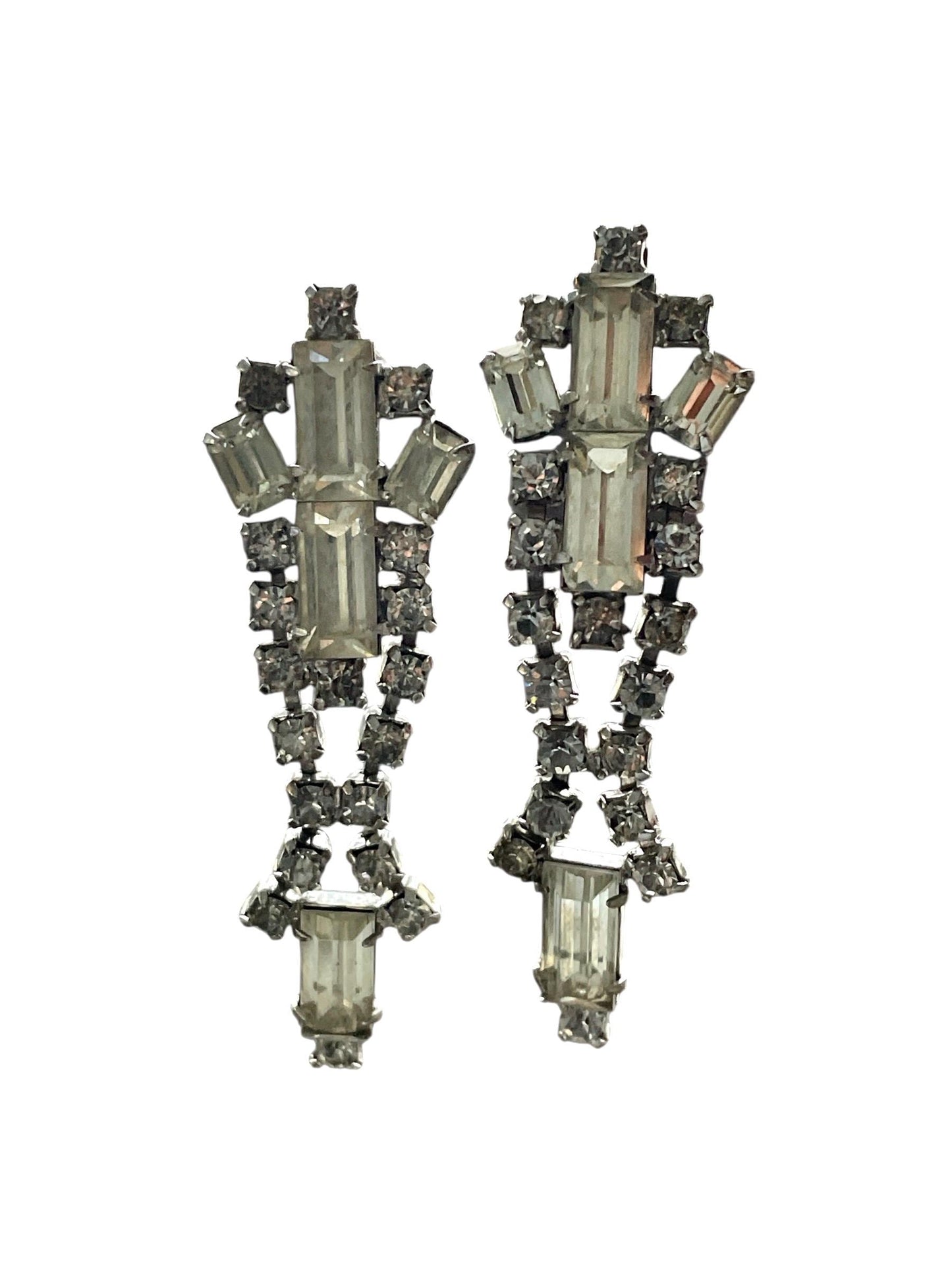 Vintage Rhinestone Clip On Earrings | Clear Baguette & Round Rhinestones | Art Deco Style Statement Earrings | Silver Tone