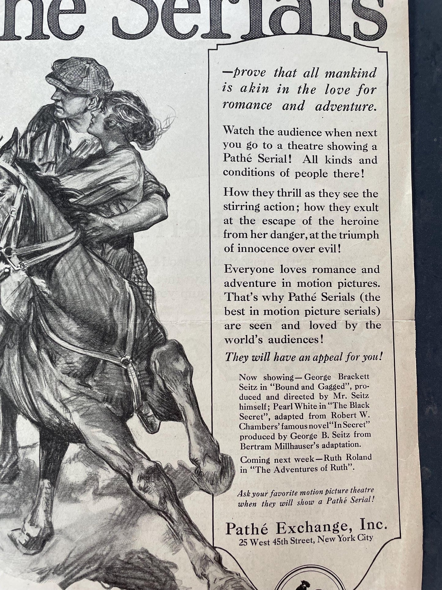 Original 1919 Saturday Evening Post Advertisement for the Pathe Silent Film Pathe Serials Movie - Dealton Valentine Art Ad - romantic ad