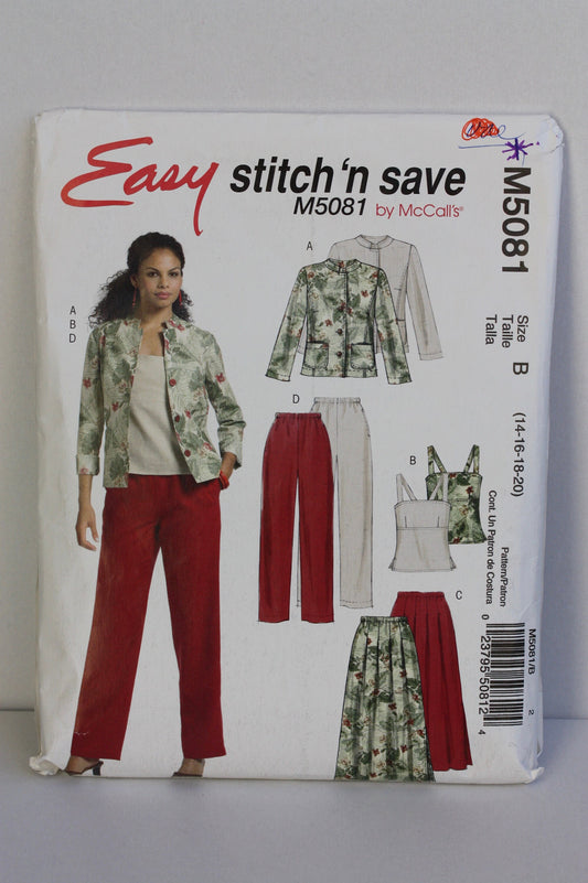 UNCUT Sewing Pattern - McCalls M5081 - Easy Stitch N Save Work Wardrobe Collection - Camisole, Jacket, Pants, Skirt - Sizes 14, 16, 18, 20